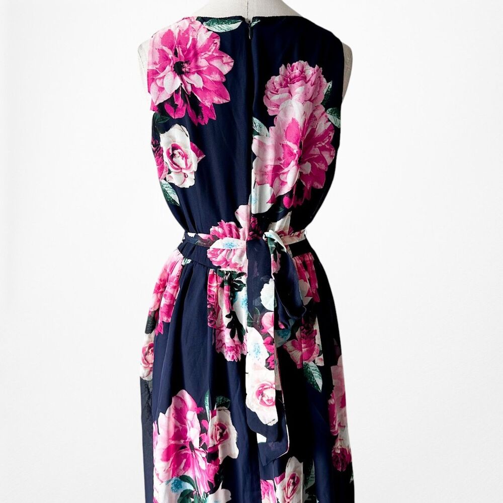 Vintage Y2K Sleeveless Navy Blue Pink Floral Flared Waist Tie Maxi Dress Size M - Picture 8 of 8